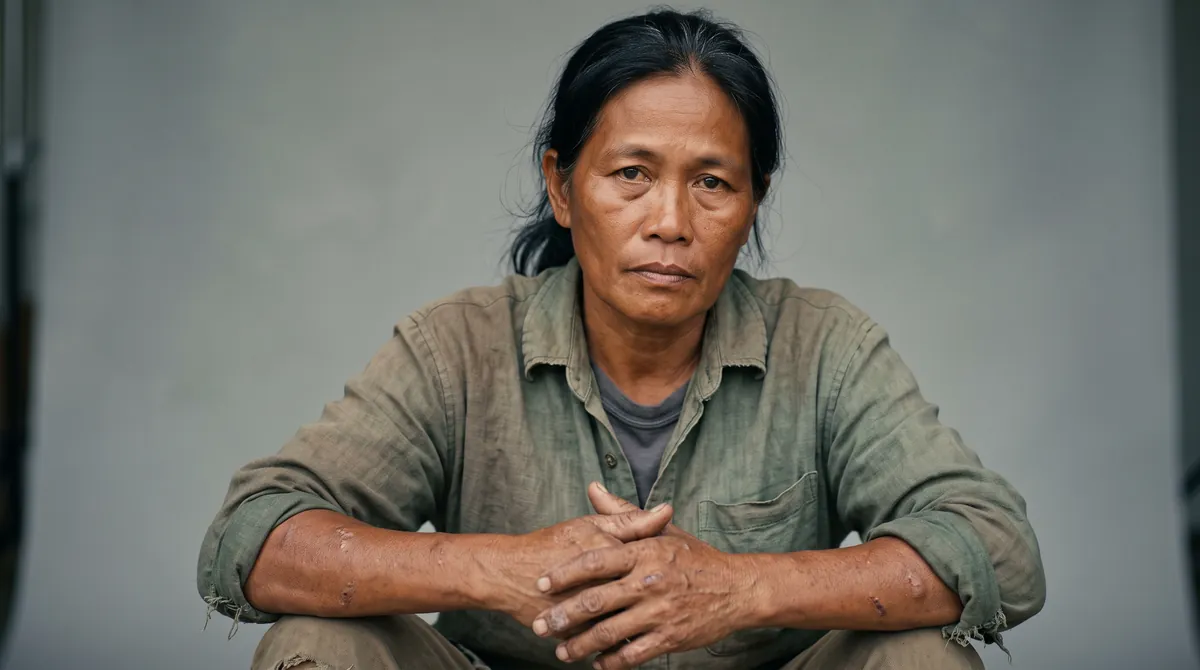 Anay, seated, scarred forearms resting on her knees, hands clasped
