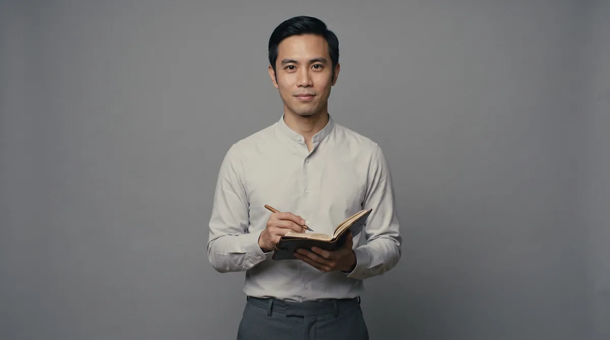 Emet in a pressed pale collarless shirt, pen poised over his leather notebook