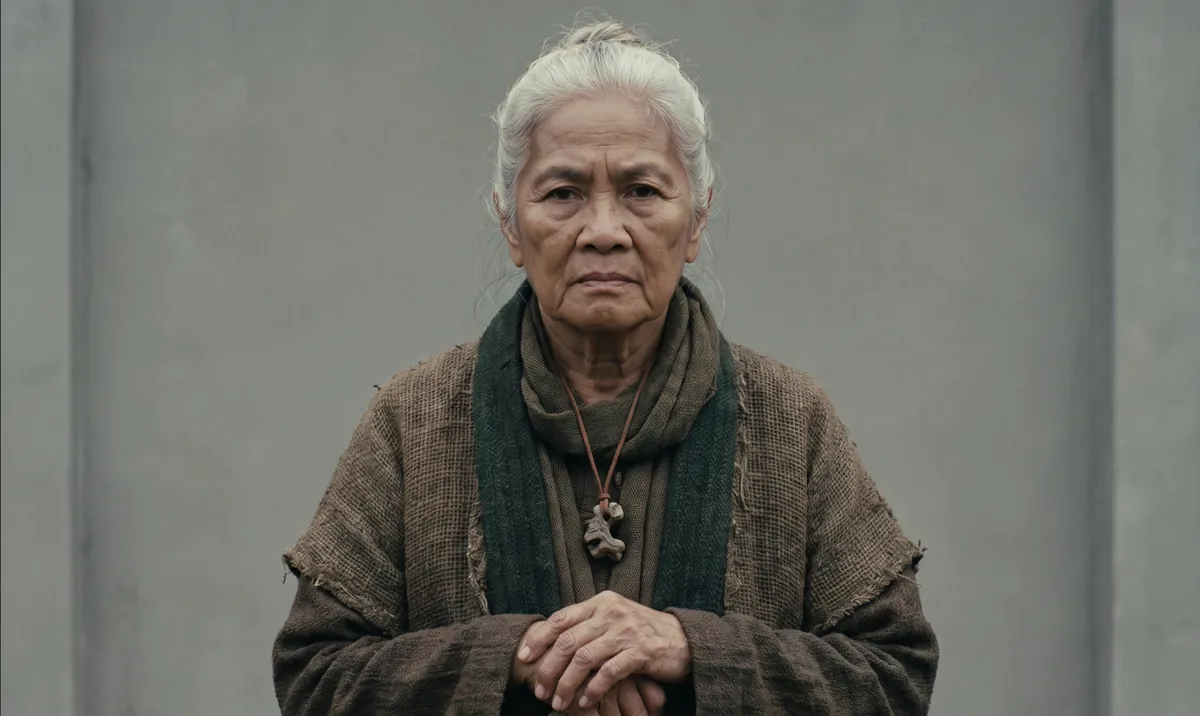 Sura, hands folded, the petrified vine pendant at her throat