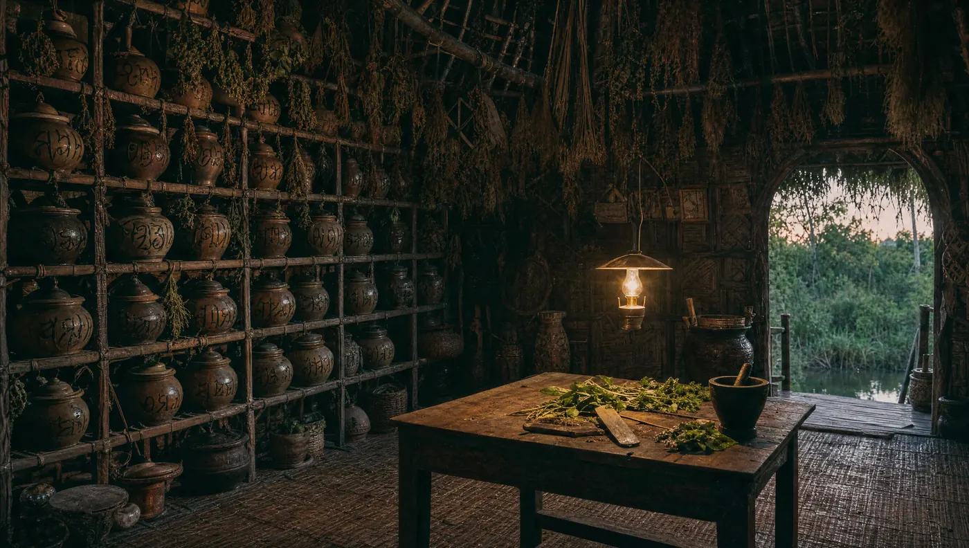 Sura's house: walls of clay pots with painted labels, herbs drying from the roof