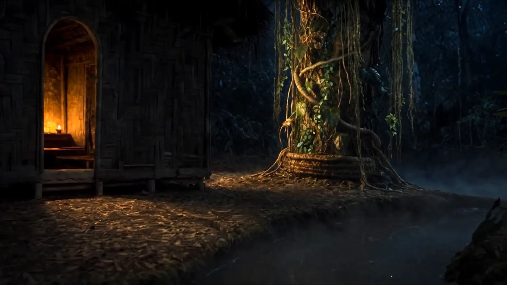 A great vine at night, lamplight in the doorway of a woven house beside it